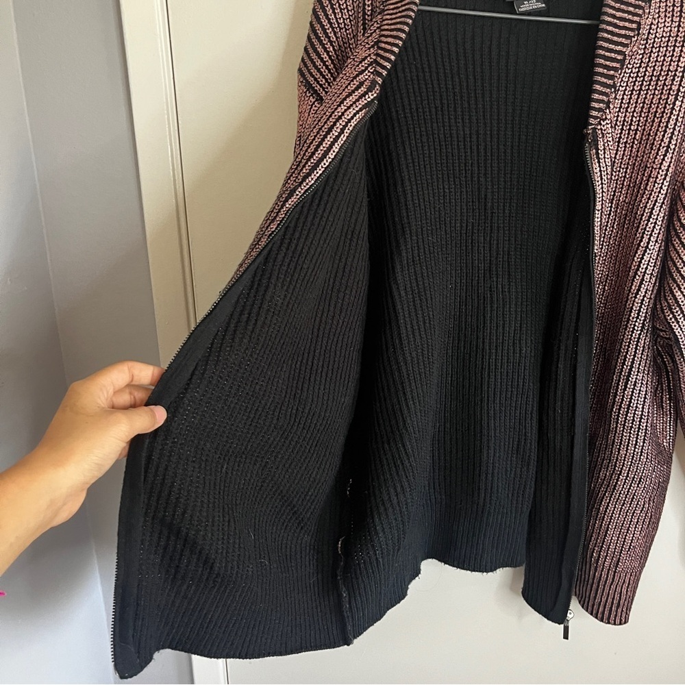 City Chic Black Metallic Rose Gold Brushed Chunky Knit Zip Up Cardigan Sweater - Picture 3 of 7